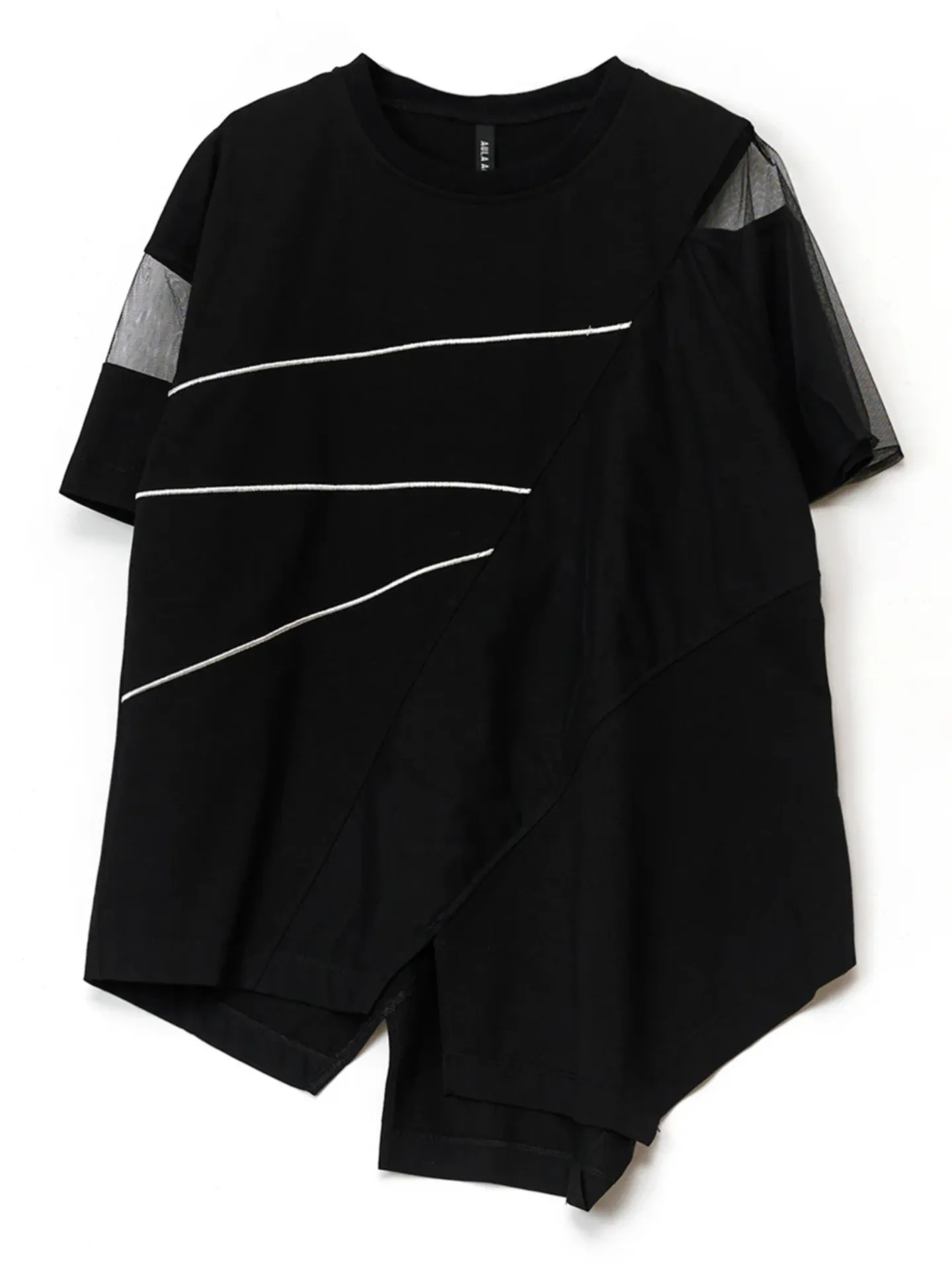 SHEER LAYERED EMBROIDERY LINE T-SHIRT ブラック