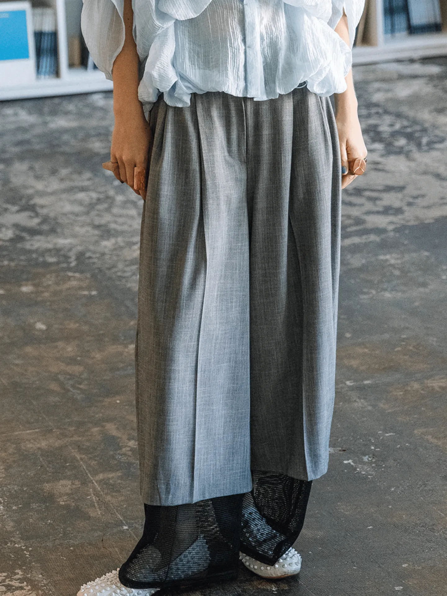 MESH LAYERED PANTS グレー×ブラック