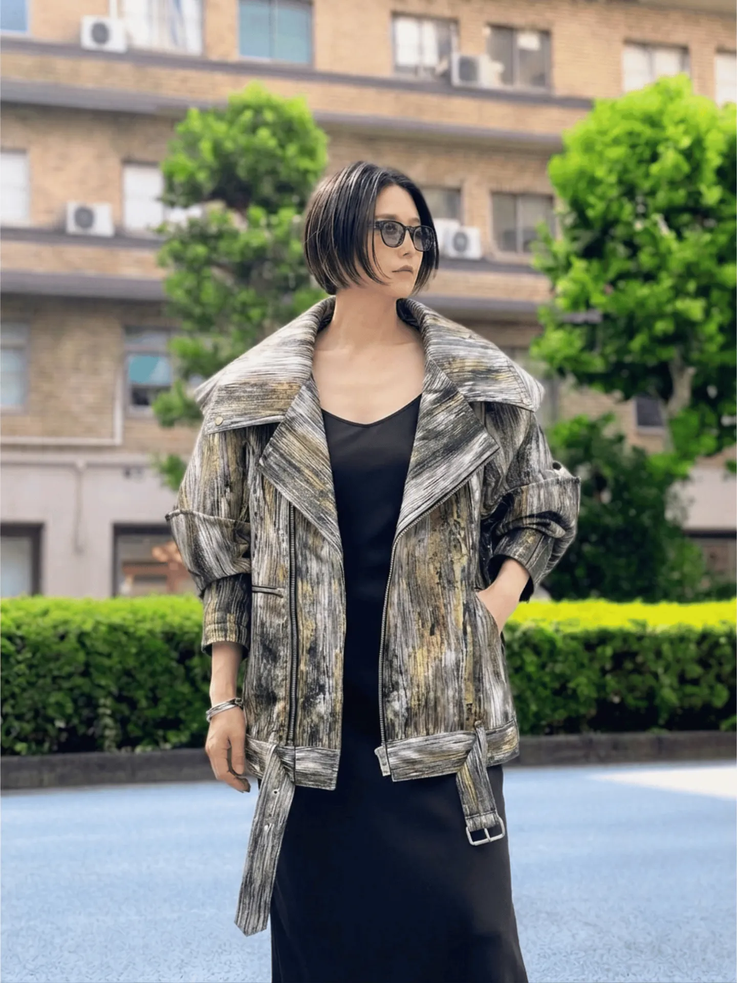 Divka アブストラクトプリント&エンブロイダリー ライダースジャケット